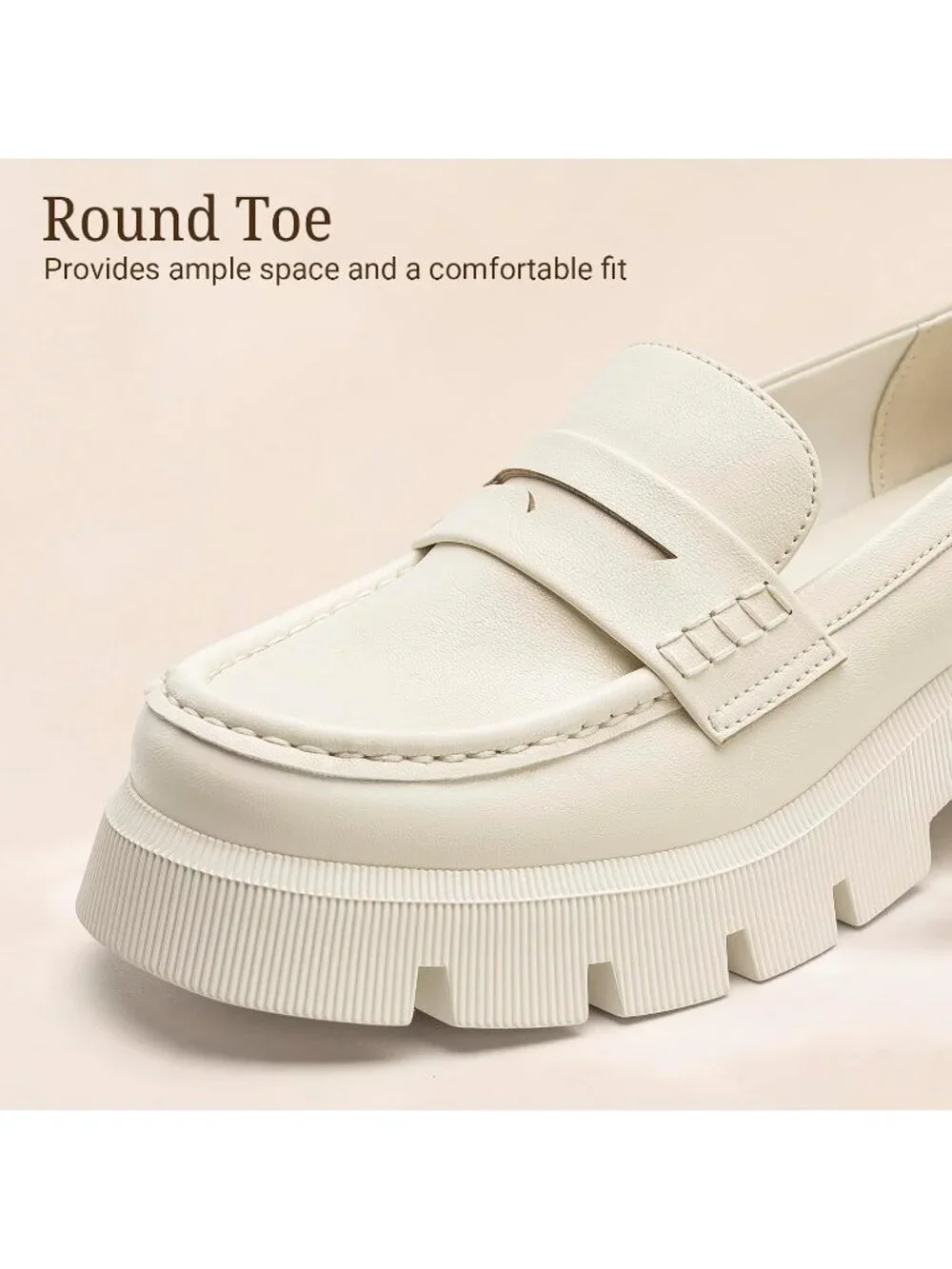 Women's Beige Round Toe Heeled Chunky Lug Sole Slip On Casual Penny Loafer Shoes